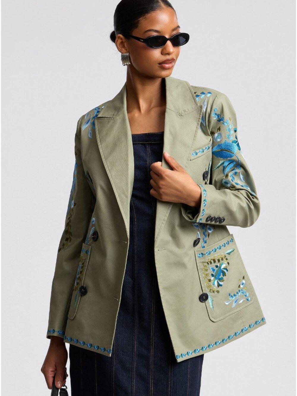 New Avec Les Filles Embroidered Cotton Blazer Olive Blue XS